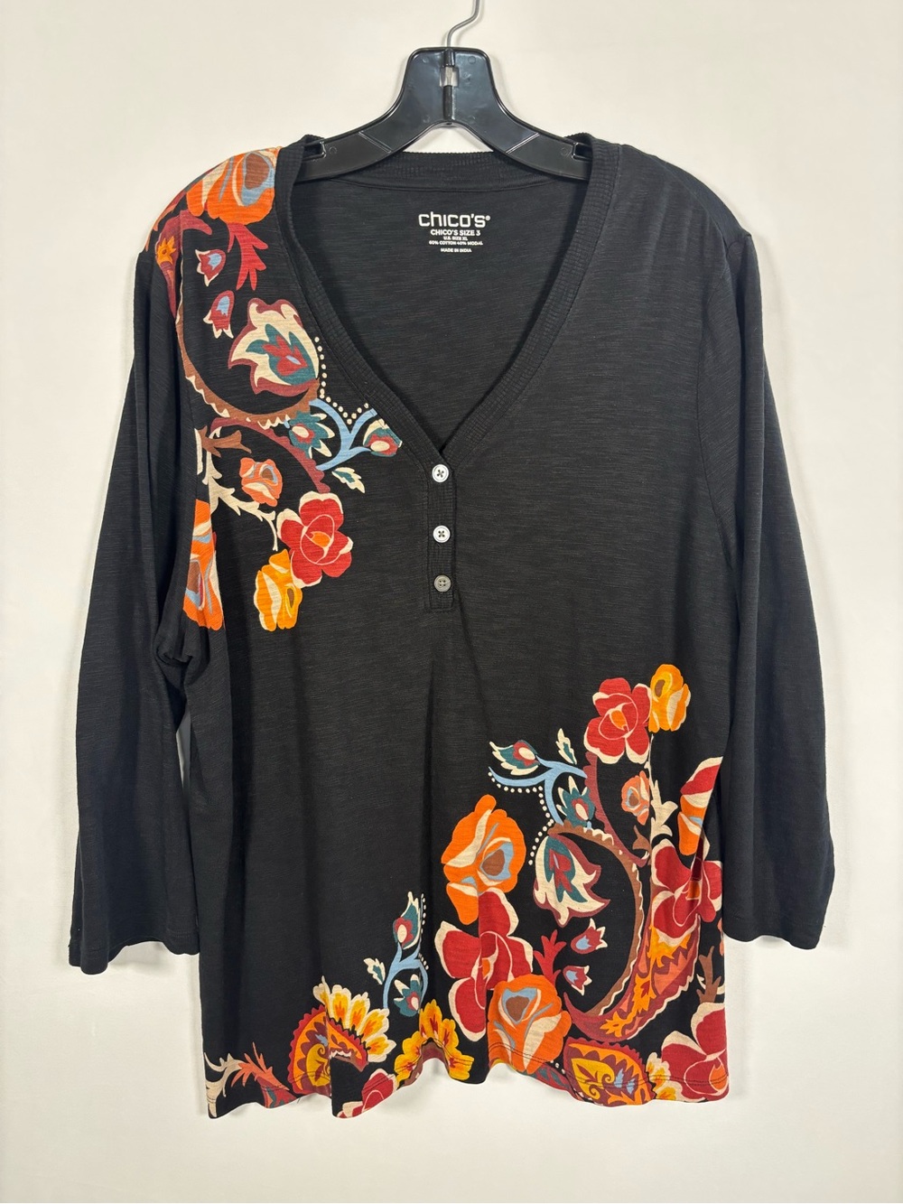Chico’s Floral Paisley V Neck Top XL 3 Black Cotton Modal Long Sleeve